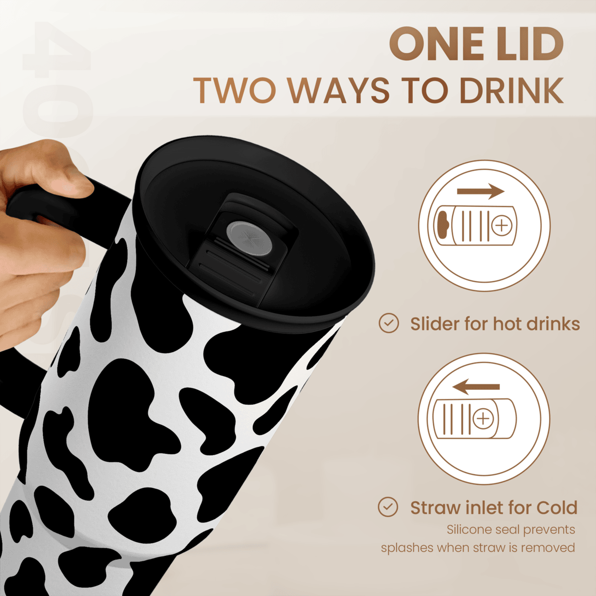 Slidemate cow-print 40oz tumbler lid with slider and straw inlet, black top
