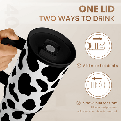 Slidemate cow-print 40oz tumbler lid with slider and straw inlet, black top