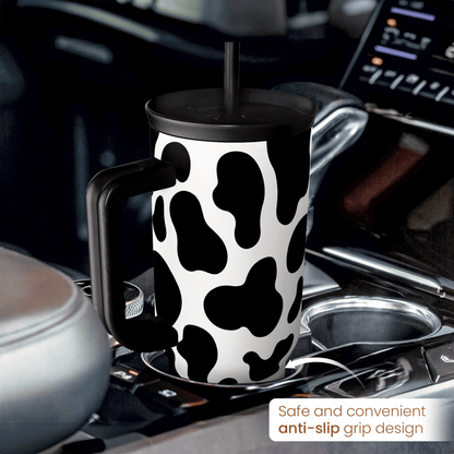 Slidemate cow-print 40oz tumbler with handle featuring anti-slip grip design