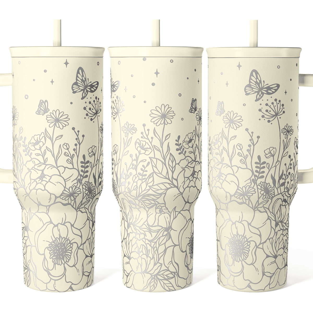 40oz beige floral insulated tumbler with handle and sliding straw lid