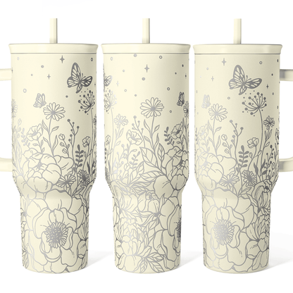 40oz beige floral insulated tumbler with handle and sliding straw lid