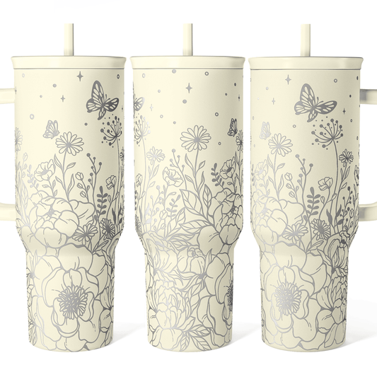 40oz beige floral insulated tumbler with handle and sliding straw lid
