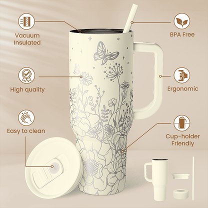 40oz beige floral tumbler with handle, straw slide lid, and spare lid pieces
