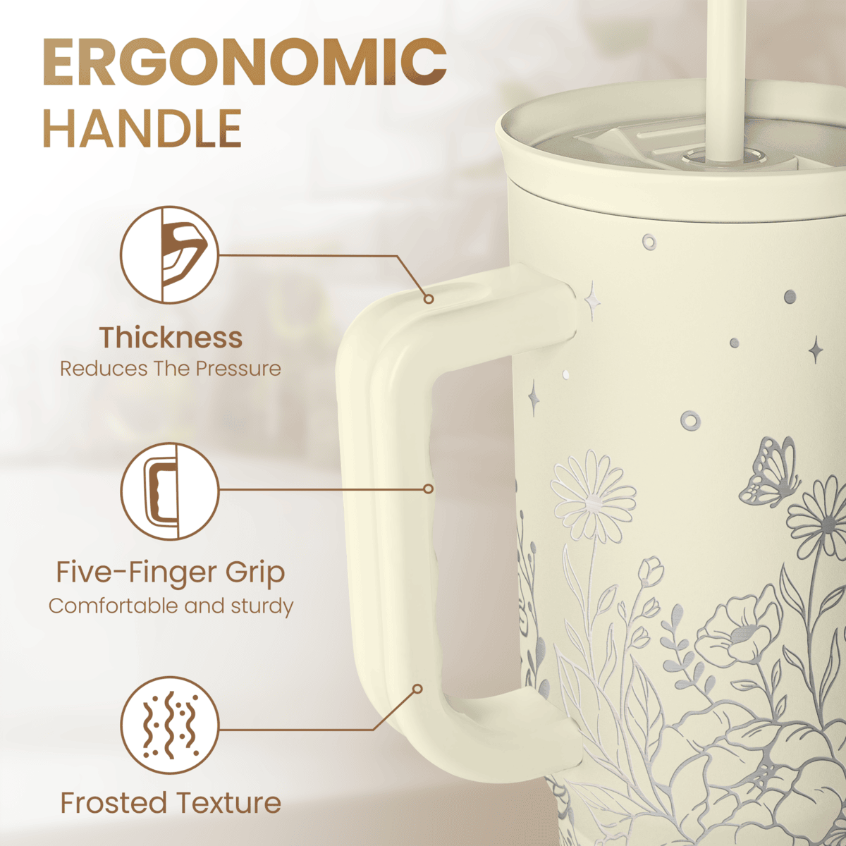 Beige floral tumbler showing ergonomic handle with thick, five-finger grip design