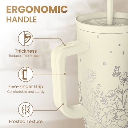 Beige floral tumbler showing ergonomic handle with thick, five-finger grip design