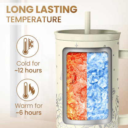 40oz beige floral tumbler with clear-view heat chamber for hot or cold drinks