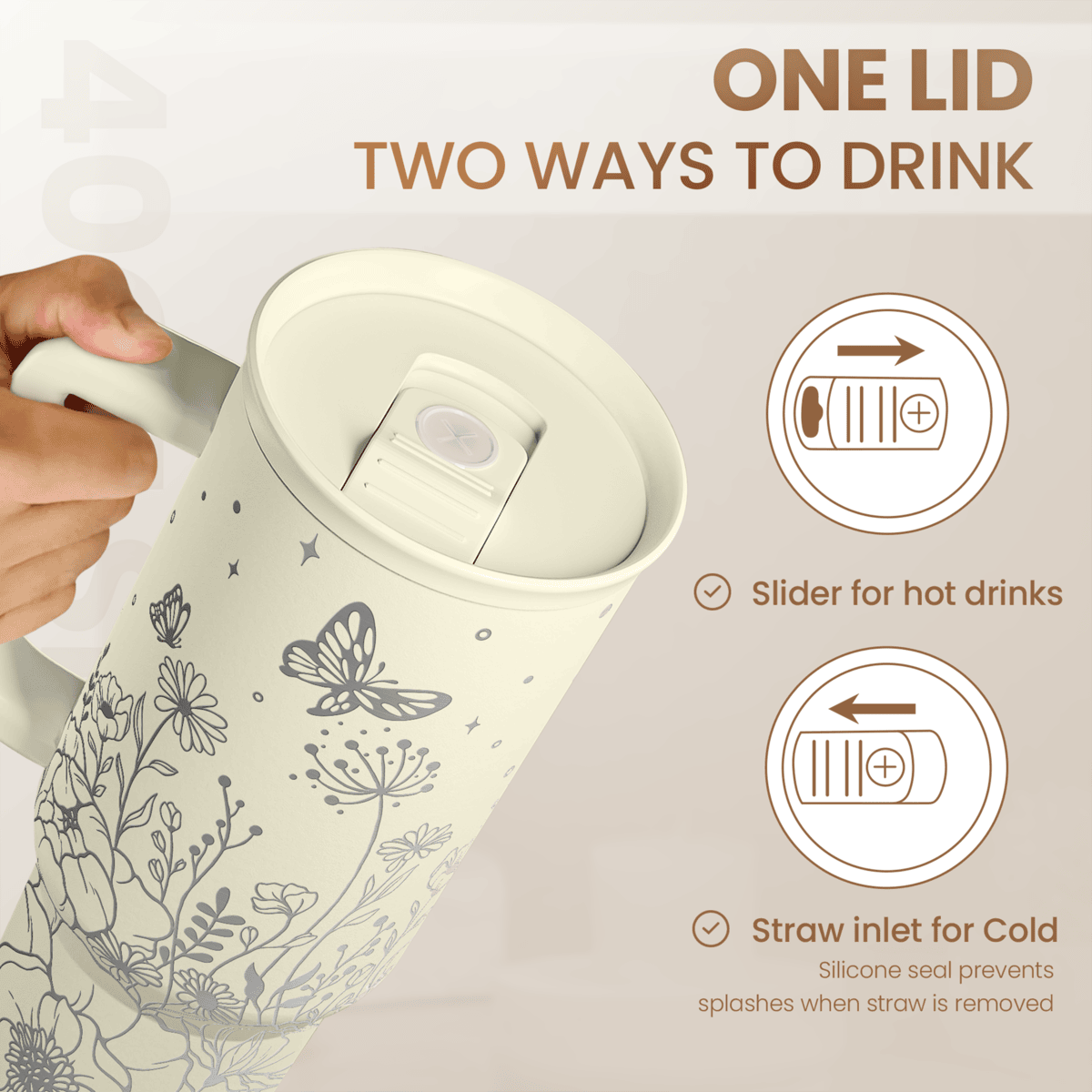 Beige floral tumbler with lid opened, showing slider for hot and straw inlet for cold