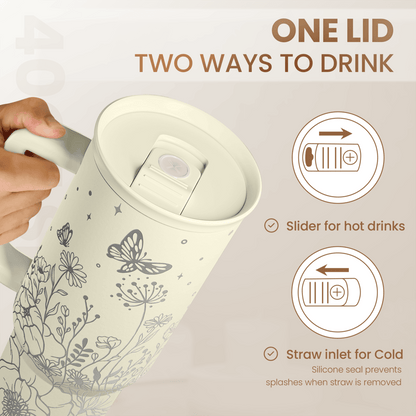Beige floral tumbler with lid opened, showing slider for hot and straw inlet for cold