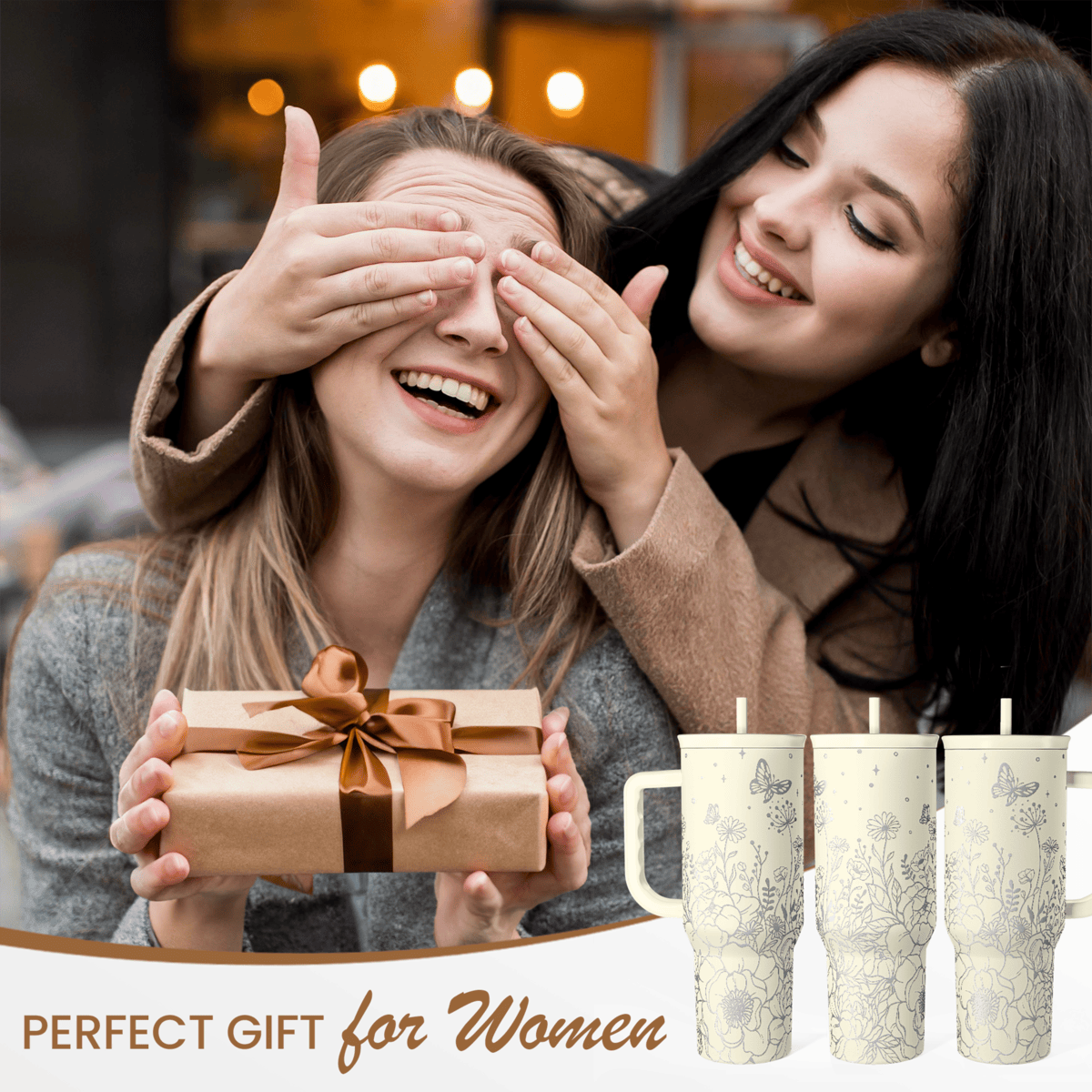 Beige floral tumblers with handles standing beside a wrapped gift