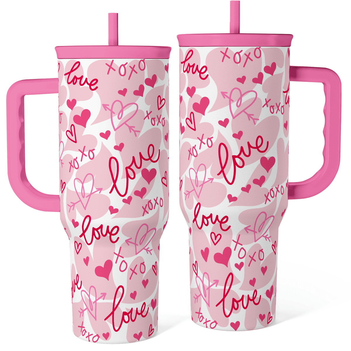 Pink 40oz tumbler with handle, white body with pink hearts and love scribble pattern.