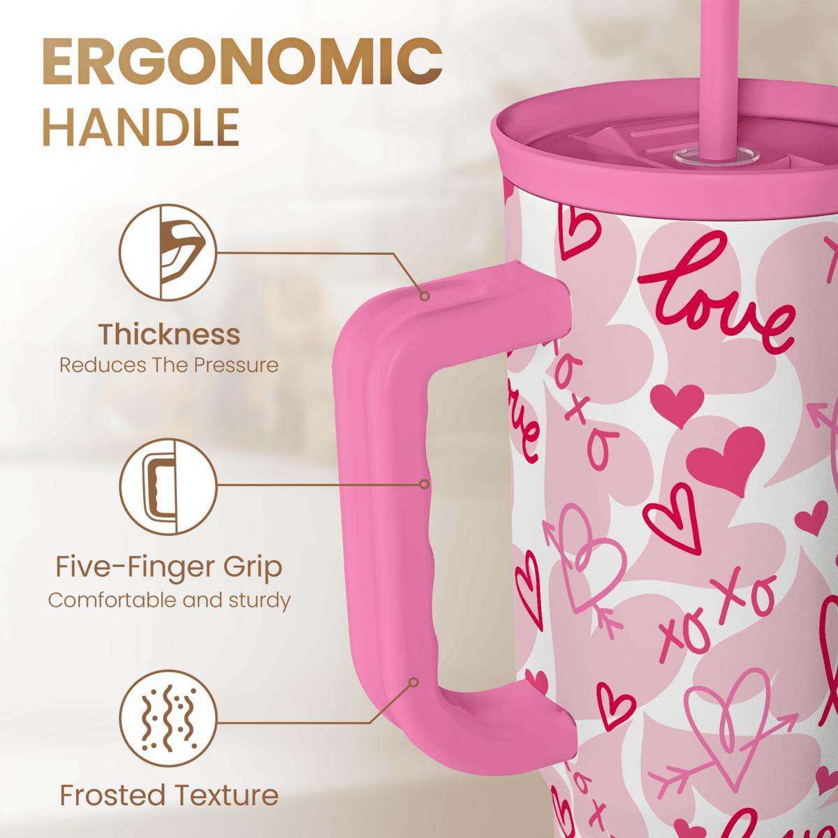 Pink 40oz tumbler with ergonomic handle grip, white with pink hearts and love pattern.