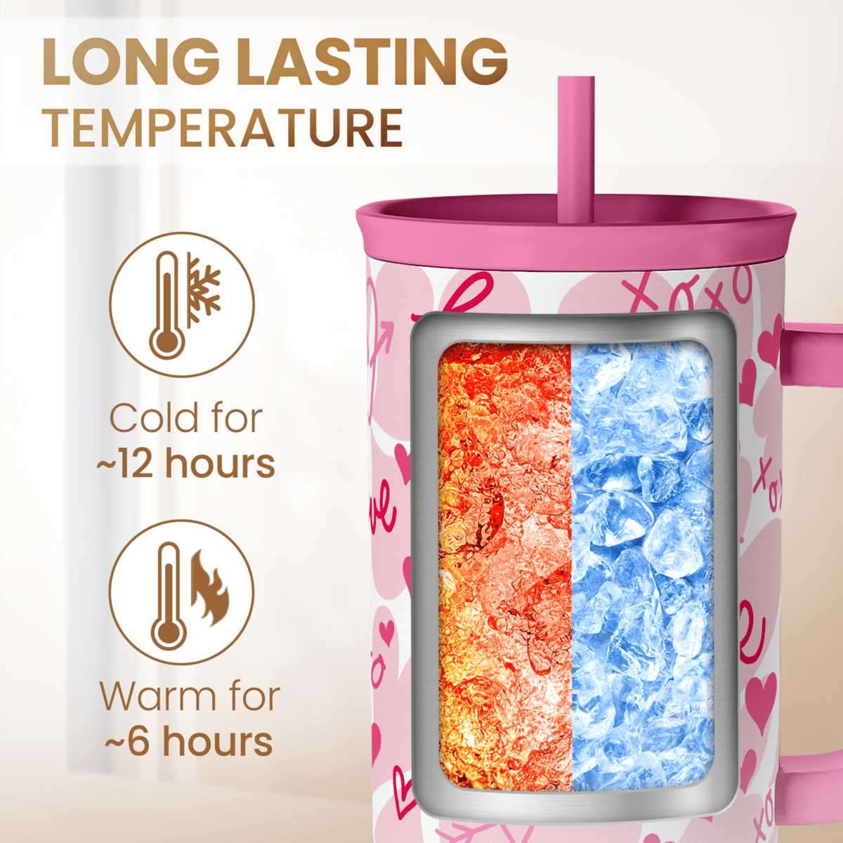 Pink 40oz tumbler lid with straw, white body with pink hearts and insulated window design.