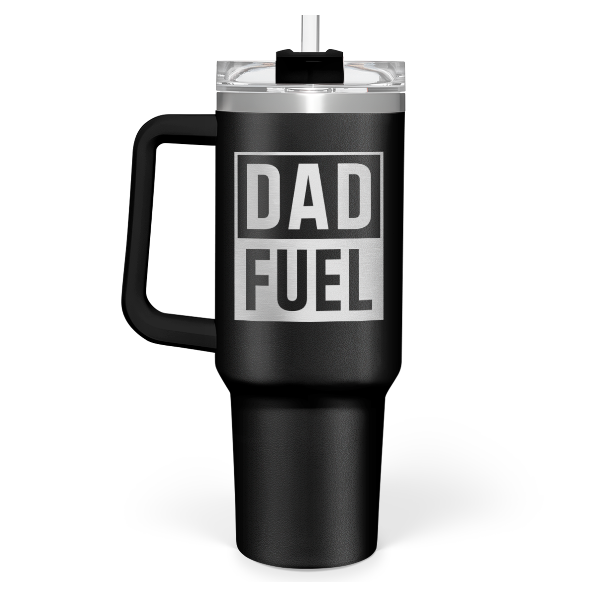 Black 40oz tumbler with handle and DAD FUEL graphic, clear lid on top