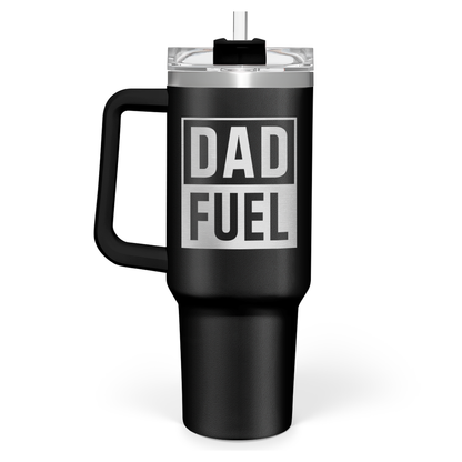 Black 40oz tumbler with handle and DAD FUEL graphic, clear lid on top
