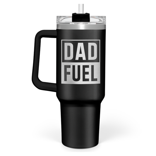 Black 40oz tumbler with handle and DAD FUEL graphic, clear lid on top