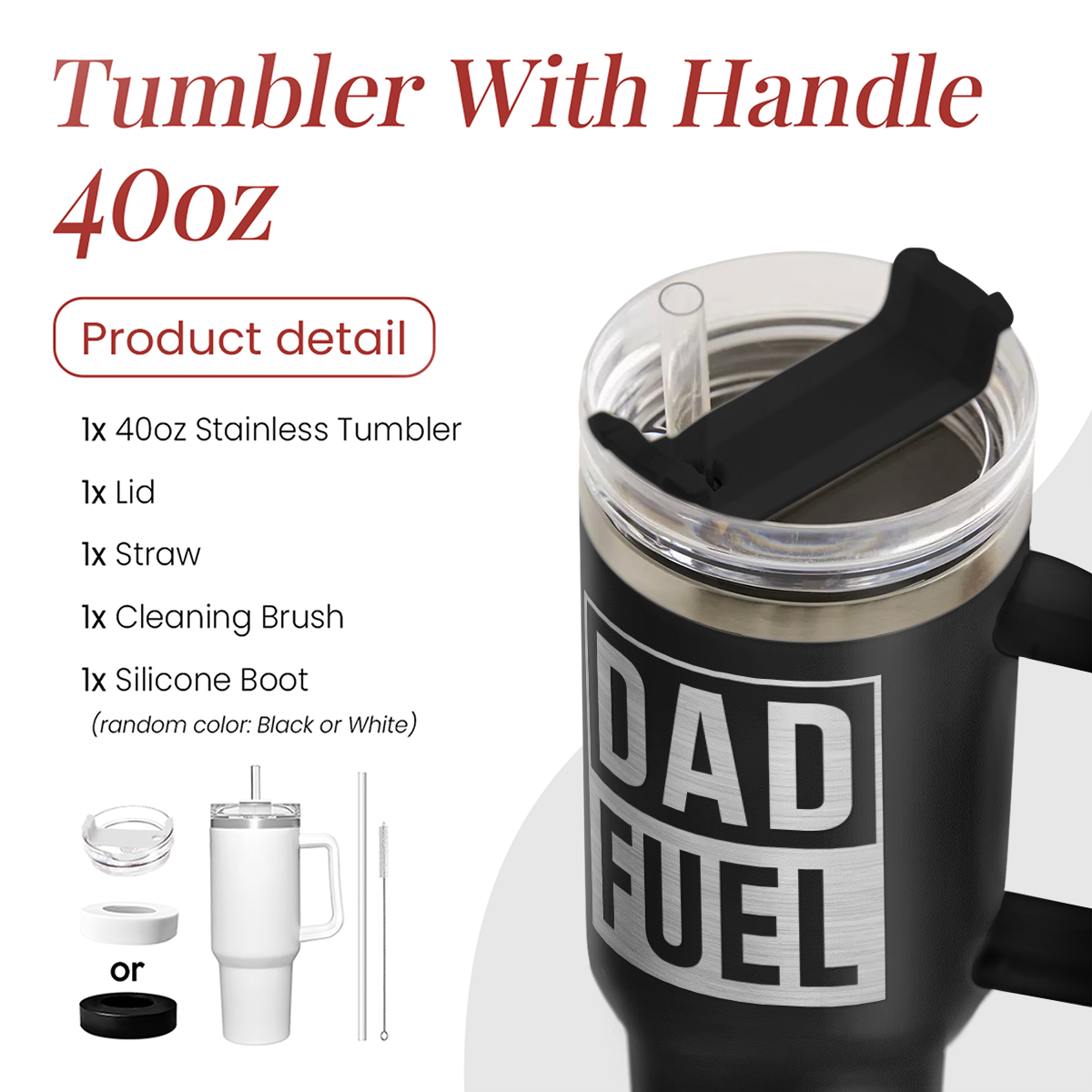 Black 40oz stainless tumbler with handle, lid and straw, DAD FUEL graphic