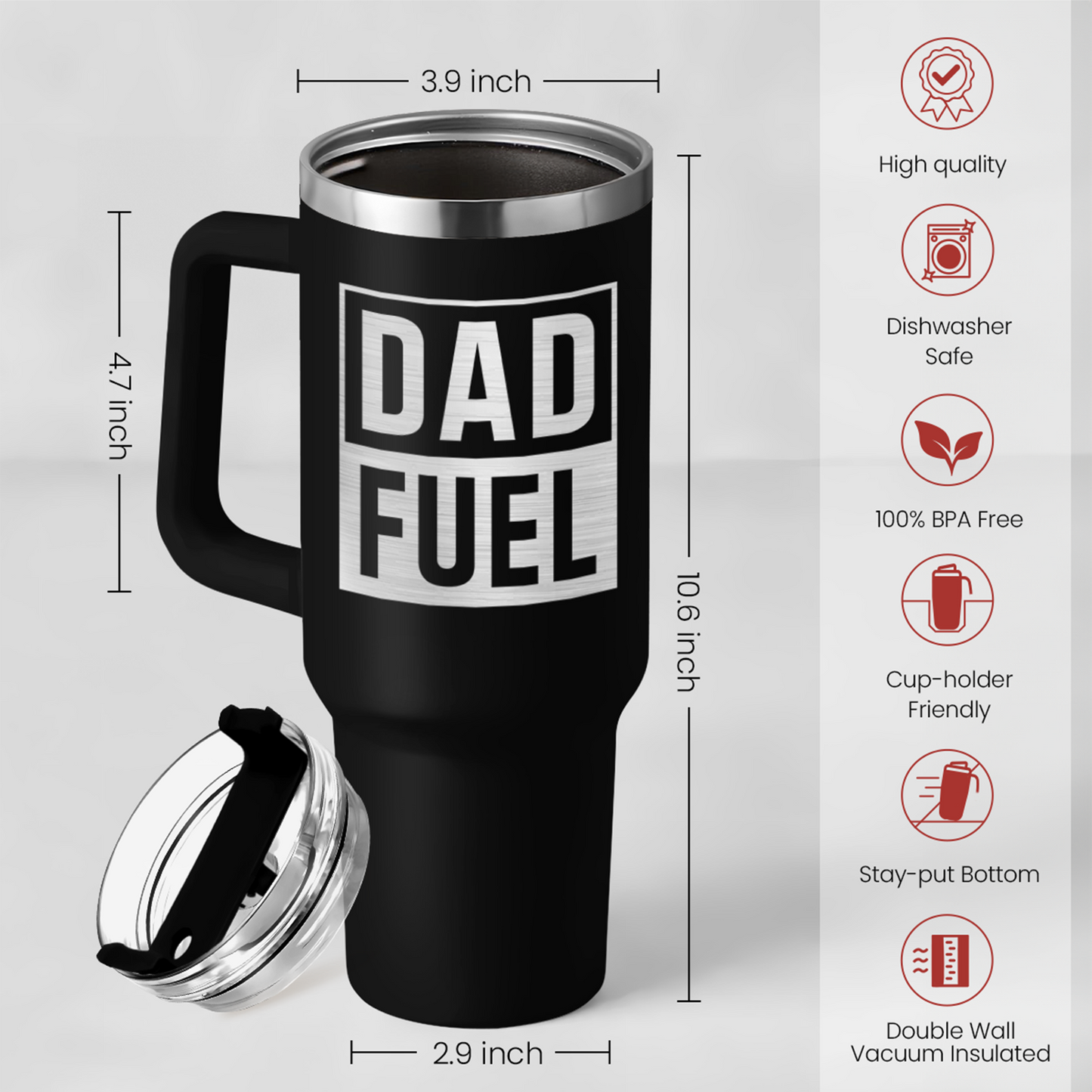 Black 40oz tumbler with handle and DAD FUEL logo, clear lid
