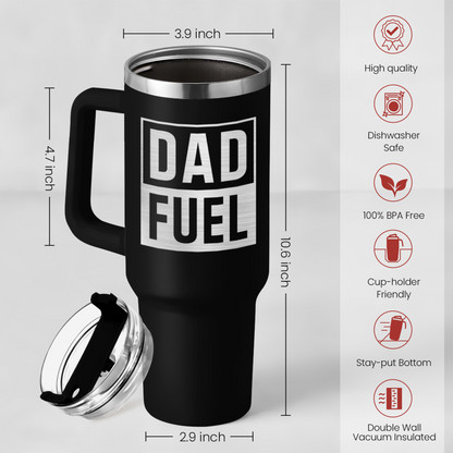 Black 40oz tumbler with handle and DAD FUEL logo, clear lid