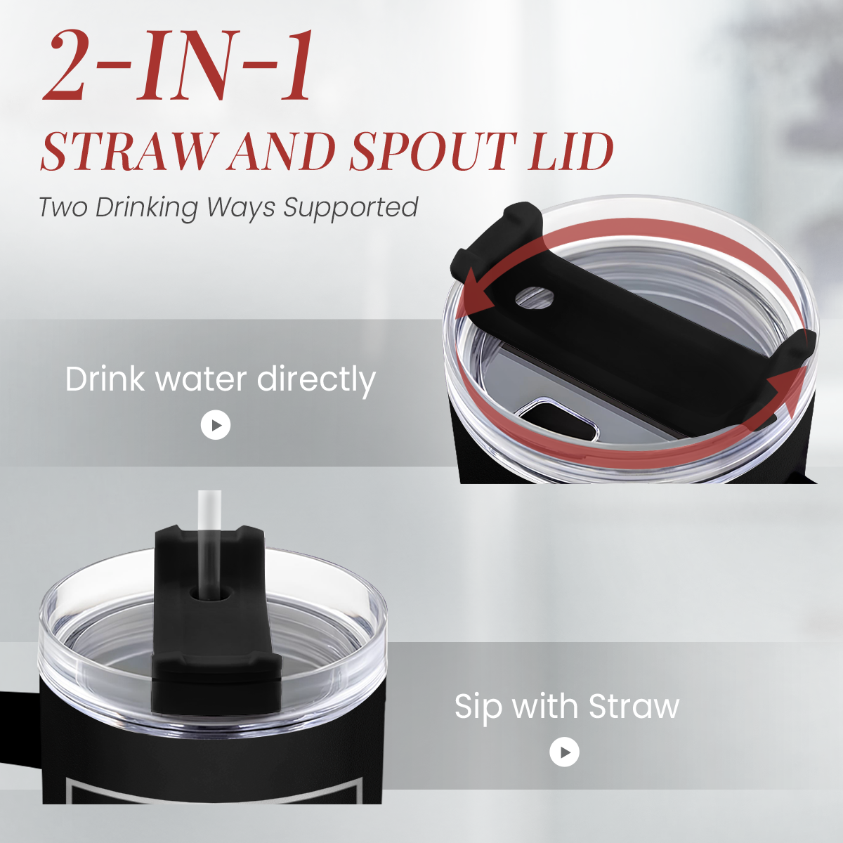 Black tumbler with 2-in-1 straw and spout lid, DAD FUEL logo, clear top