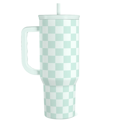 40oz mint checker tumbler with handle and clear straw, insulated plastic drink cup