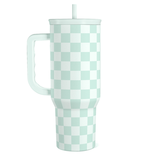 40oz mint checker tumbler with handle and clear straw, insulated plastic drink cup