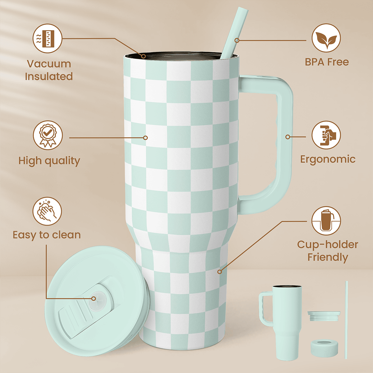 Mint checkered 40oz slider tumbler with handle, straw, and screw-on lid components