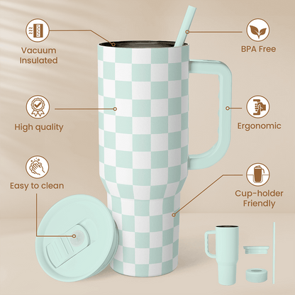 Mint checkered 40oz slider tumbler with handle, straw, and screw-on lid components