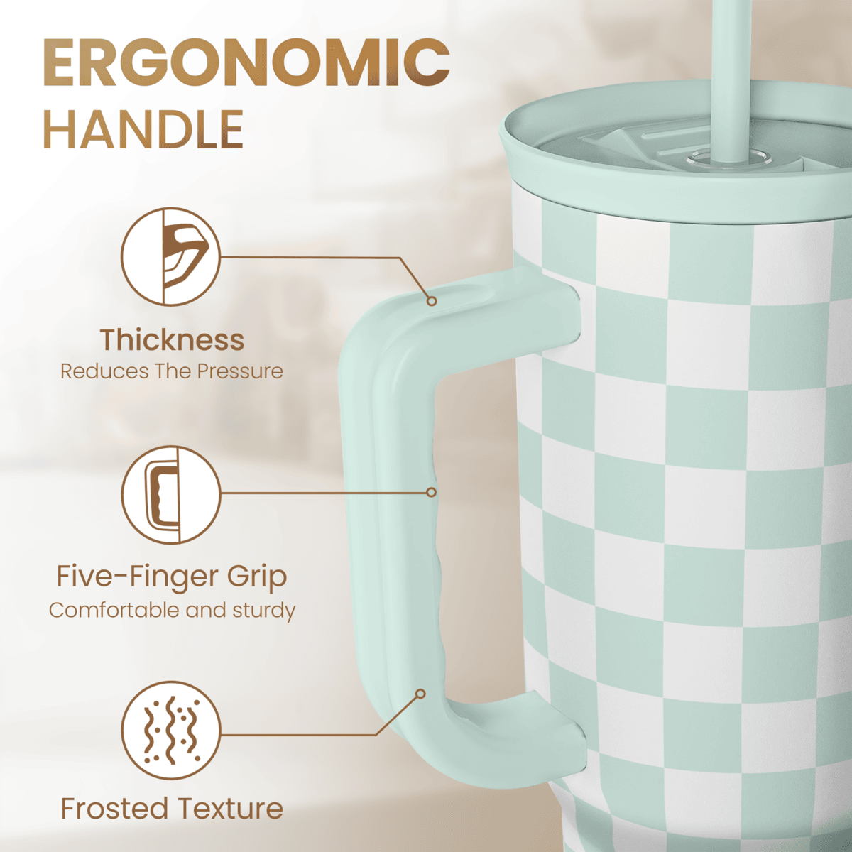 Mint checkered 40oz tumbler showing ergonomic five-finger handle grip and frosted texture