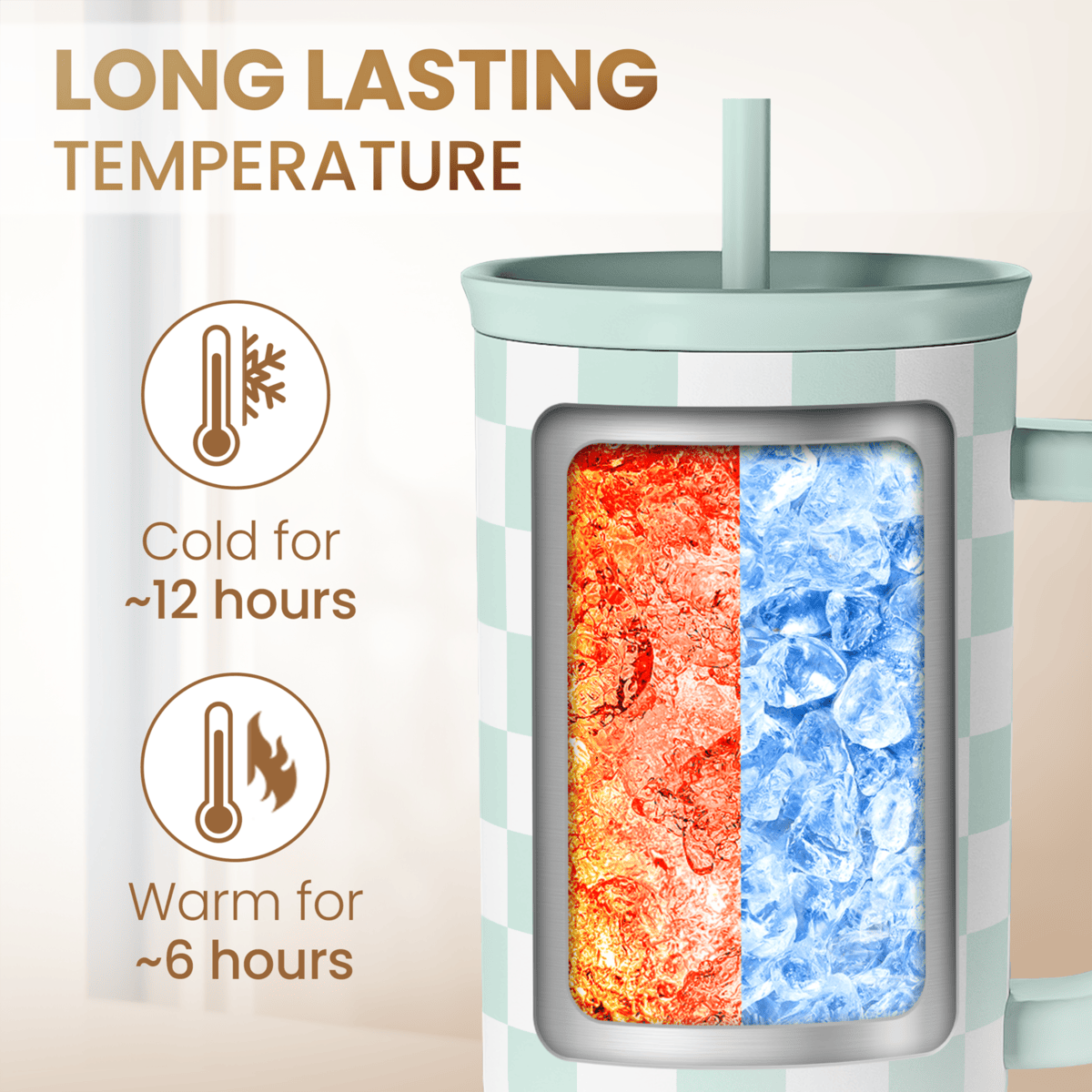 Mint checkered 40oz tumbler with insulated chamber and standing straw, hot-cold window