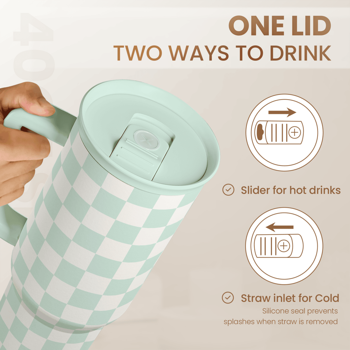 Mint checkered 40oz tumbler with one lid, slider opening for hot and straw inlet for cold