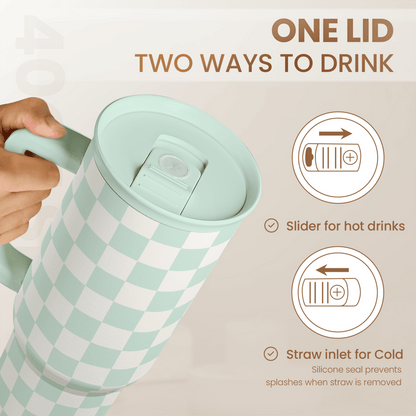 Mint checkered 40oz tumbler with one lid, slider opening for hot and straw inlet for cold