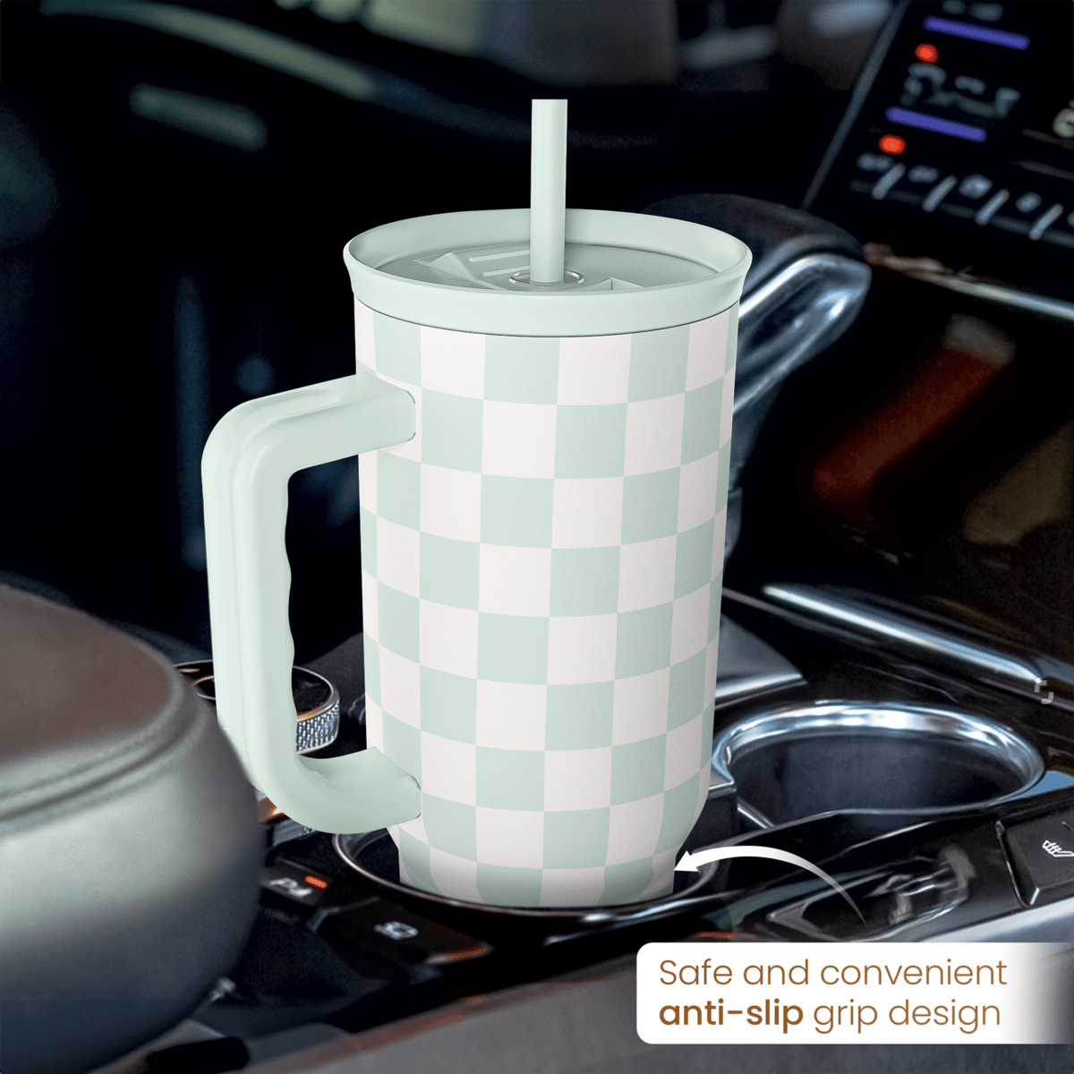 Mint checkered 40oz insulated tumbler with handle and straw on stove, anti-slip grip