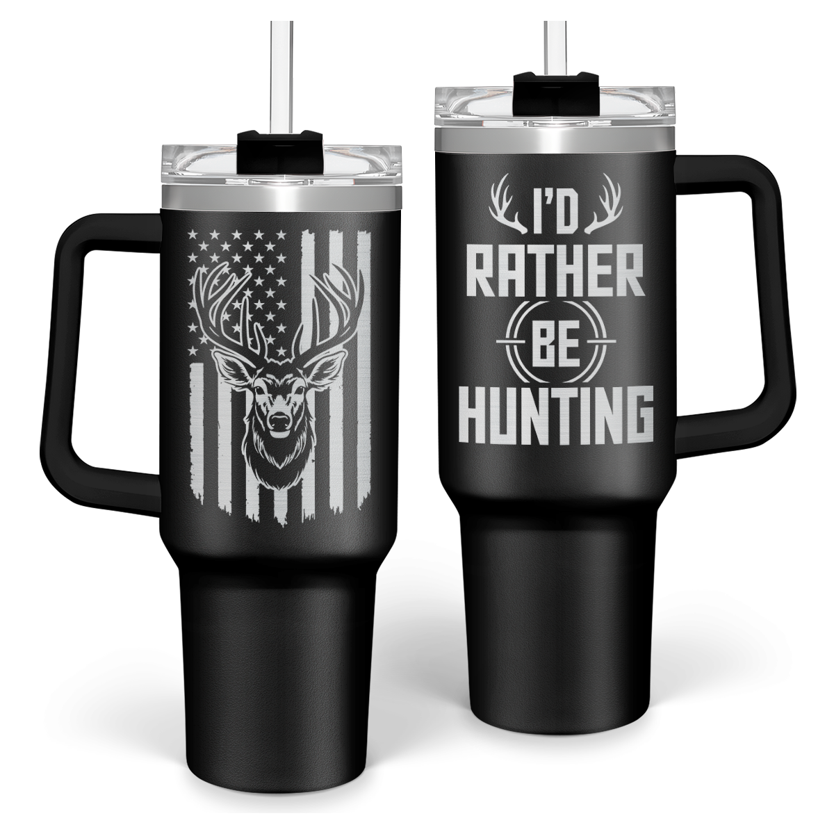 Black 40oz insulated tumbler with handle, deer antler graphic, and clear flip-top lid
