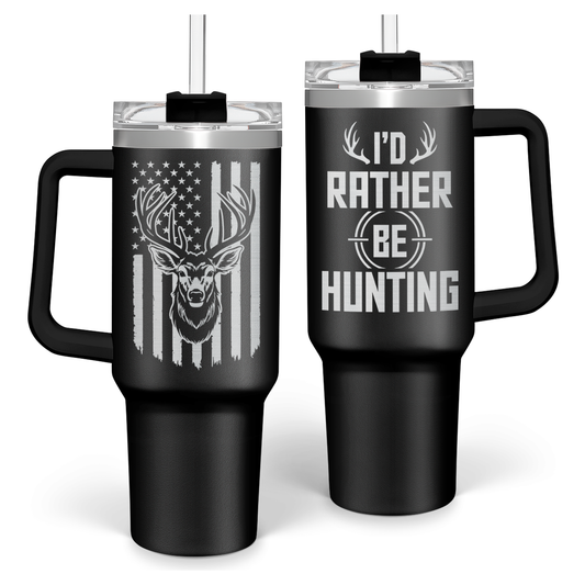 Black 40oz insulated tumbler with handle, deer antler graphic, and clear flip-top lid