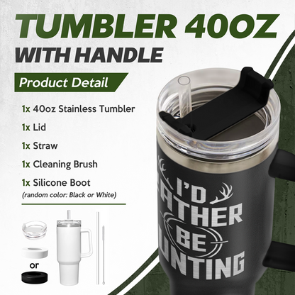 Black 40oz tumbler with handle, clear lid, straw, and accessory cleaning brush set