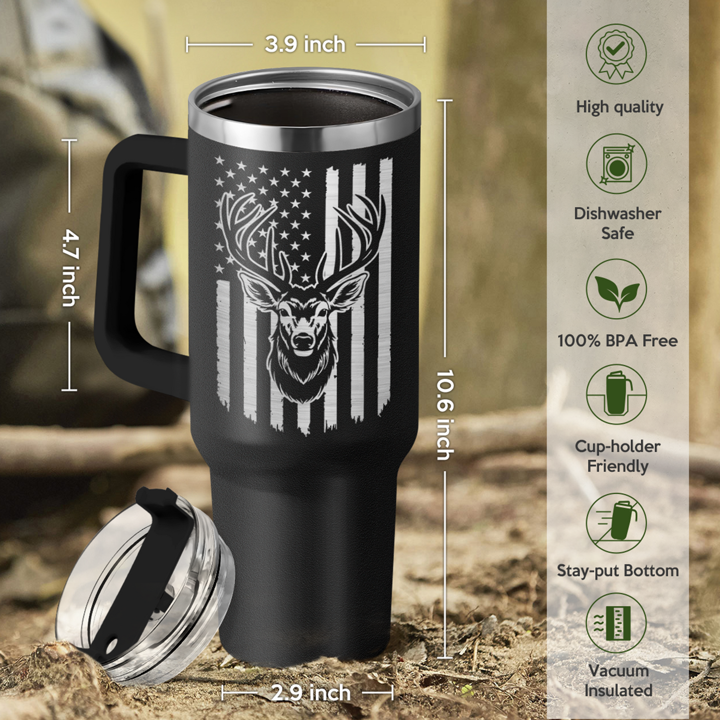 Black 40oz insulated tumbler with handle and deer antler flag graphic