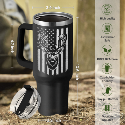Black 40oz insulated tumbler with handle and deer antler flag graphic