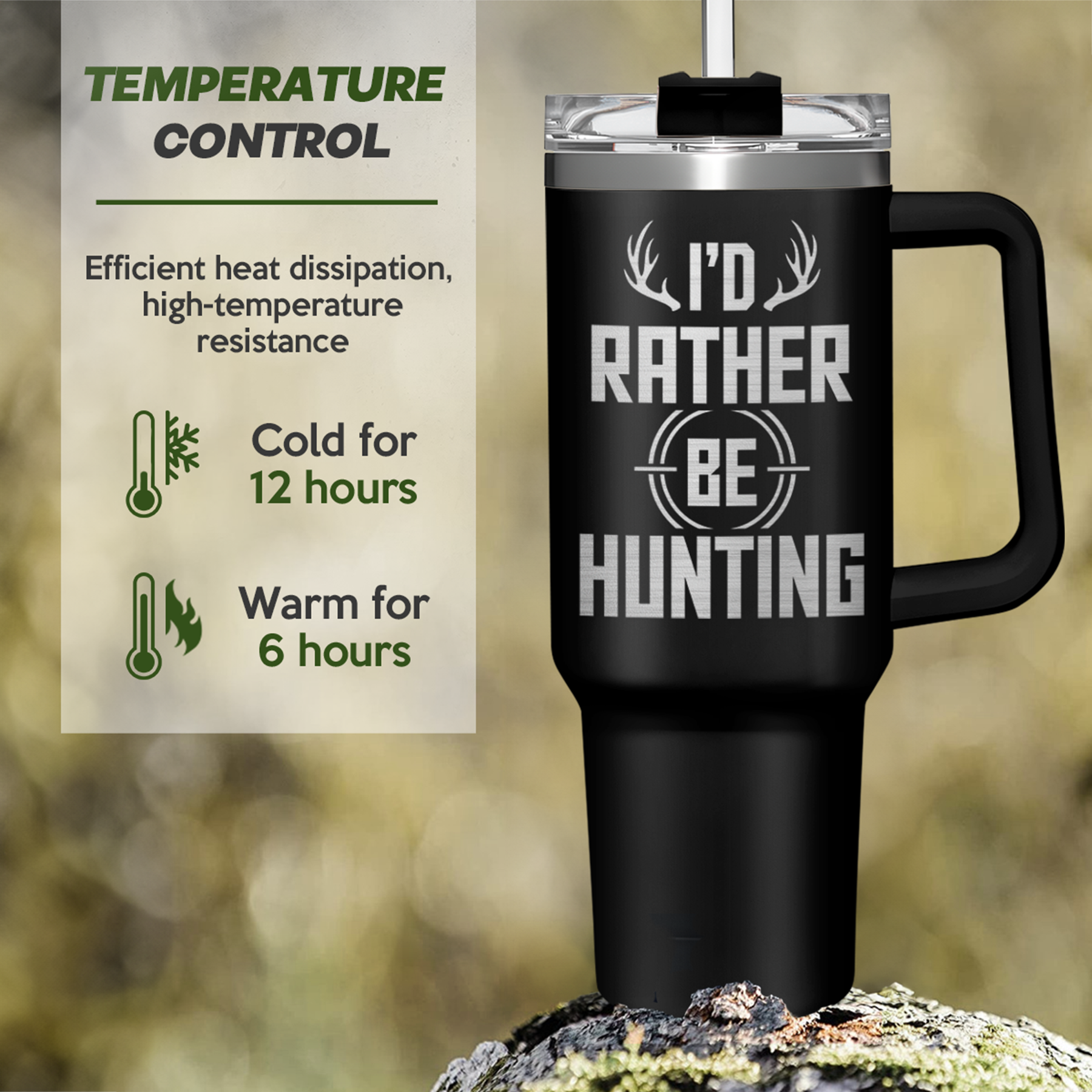 Black 40oz insulated tumbler with handle and deer graphic, clear lid on top