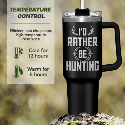 Black 40oz insulated tumbler with handle and deer graphic, clear lid on top