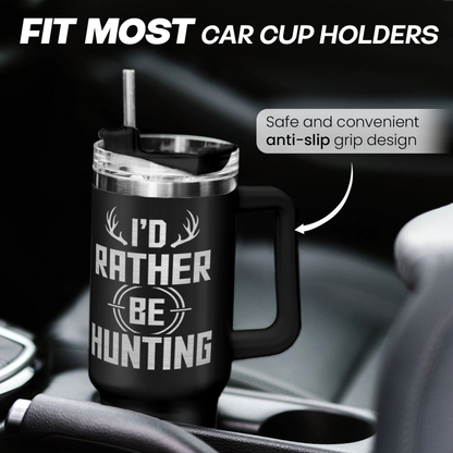 Black 40oz tumbler with handle and deer graphic, fitted in car cup holder
