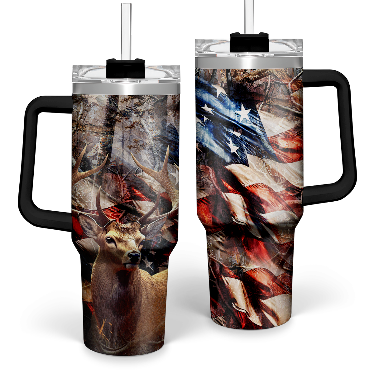 40oz hunting tumbler with handle, black lid, wildlife and flag wrap design