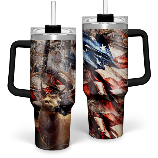 40oz hunting tumbler with handle, black lid, wildlife and flag wrap design
