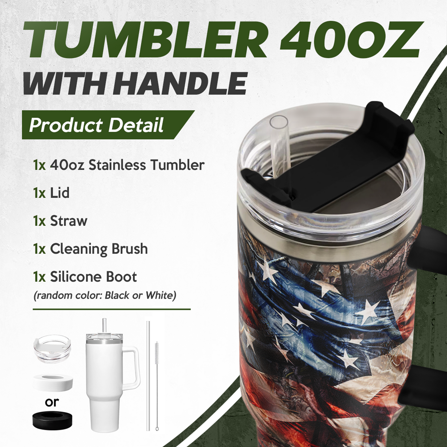 40oz hunting tumbler with handle, clear lid opening, deer and flag wrap design