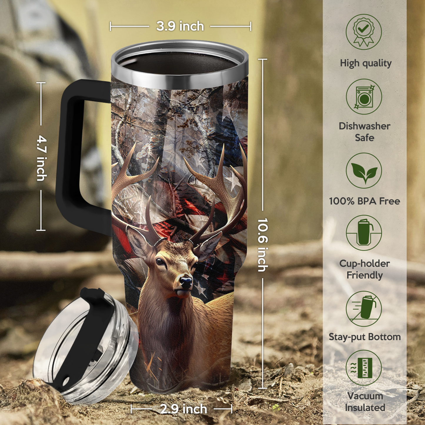 40oz hunting tumbler with handle, black lid, deer and American flag wrap design