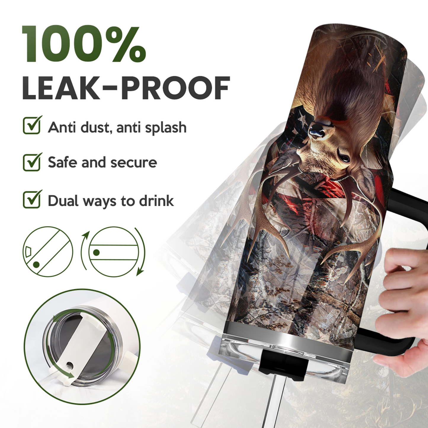 40oz hunting tumbler with handle, black lid, deer and flag wrap design