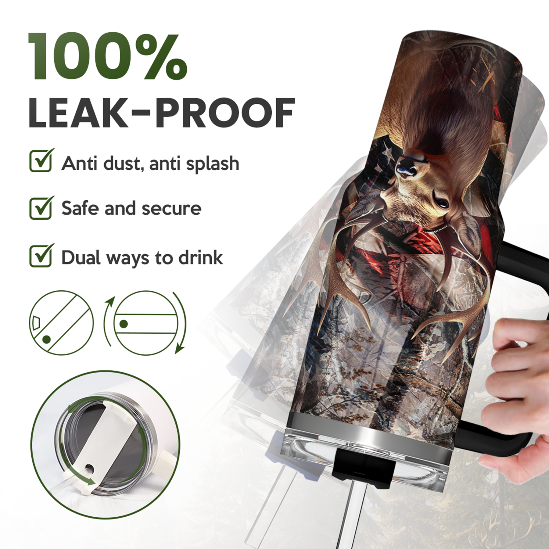 40oz hunting tumbler with handle, black lid, deer and flag wrap design