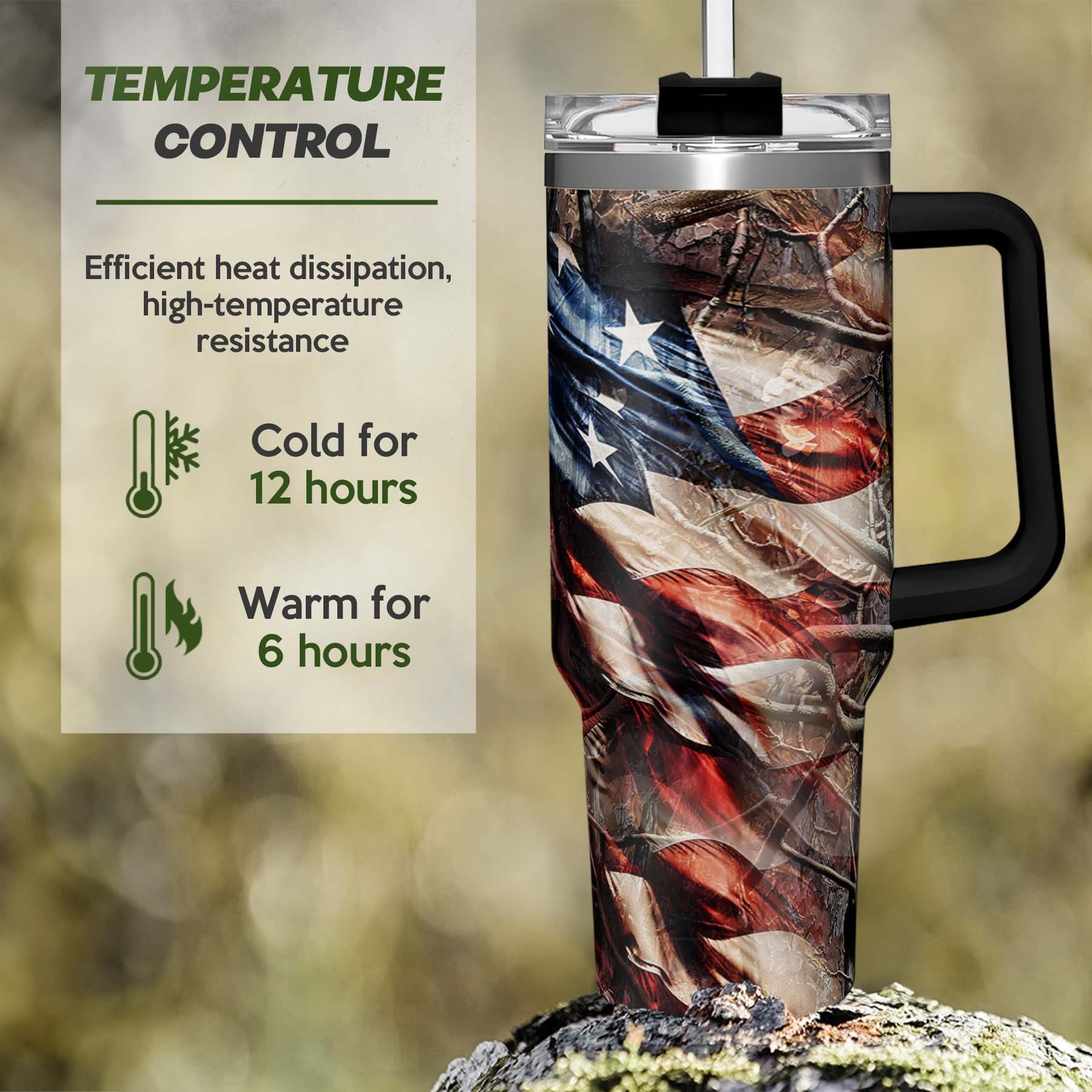 40oz hunting tumbler with handle, black lid, deer and American flag wrap design
