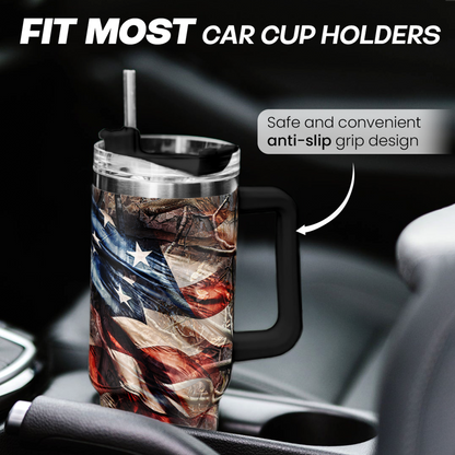 40oz hunting tumbler with handle, black lid, deer and flag wrap design