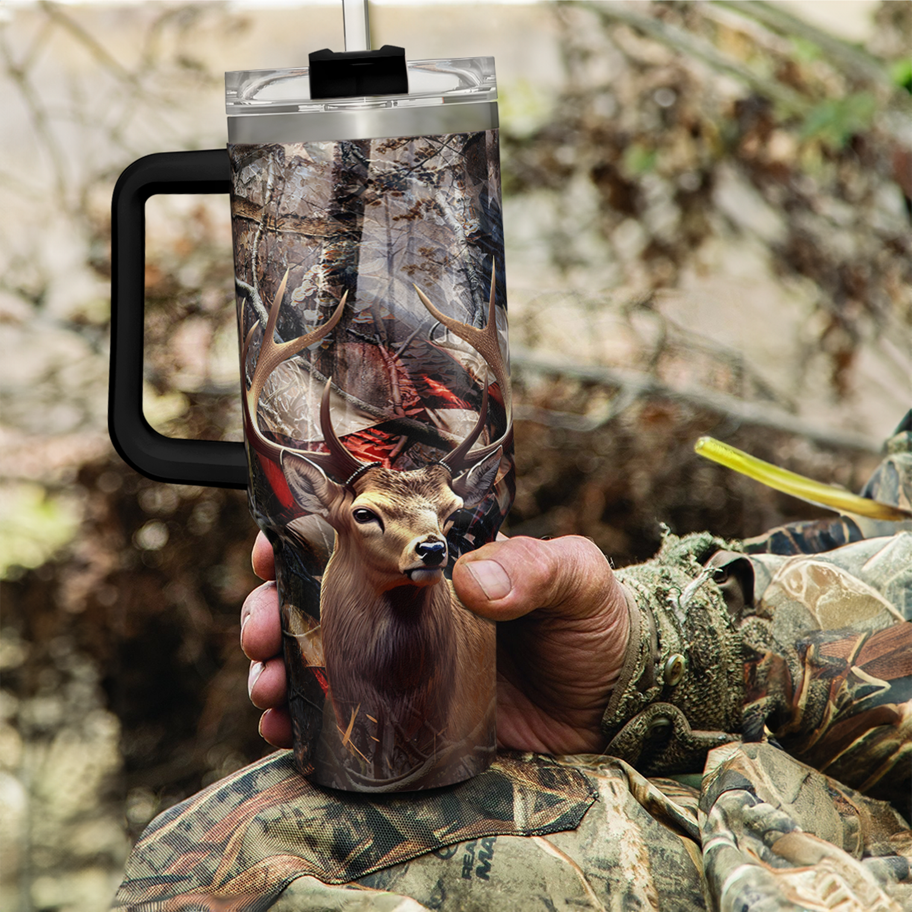 40oz hunting tumbler with handle, black lid, deer and flag wrap design