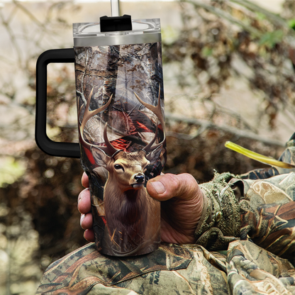 40oz hunting tumbler with handle, black lid, deer and flag wrap design